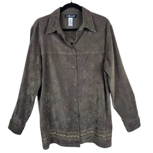Sag Harbor Faux Suede Embroidered Button Up Top Women's Size 16 Brown - Picture 1 of 9